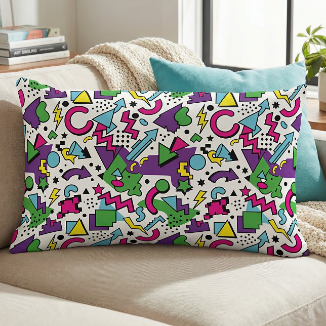 90s Retro Purple Turquoise Green Memphis Style Lumbar Cushion (Creator Uploaded)
