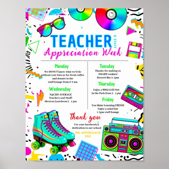 90s Teacher Appreciation Week Itinerary Poster (Front)