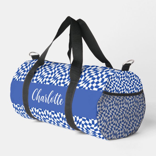 90's theme blue chequered name monogram duffle bag (Right Corner)