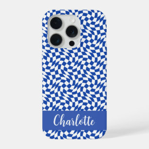 90's theme blue chequered name monogram iPhone 15 pro case