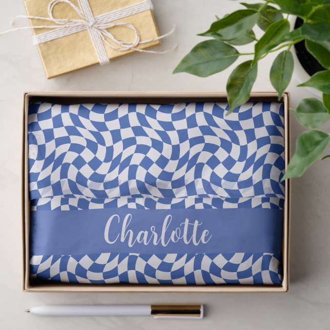 90's theme blue chequered name monogram tissue paper (Gift)