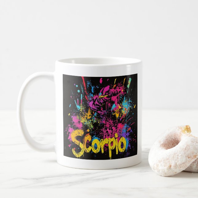 "90s Throwback Scorpio: Splatter Paint Mug" Coffee Mug (With Donut)