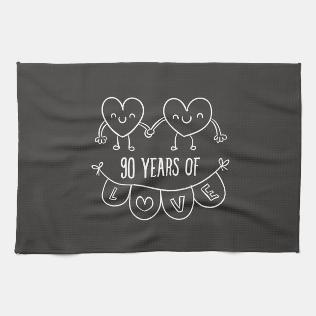 90th Anniversary Gift Chalk Hearts Tea Towel (Horizontal)