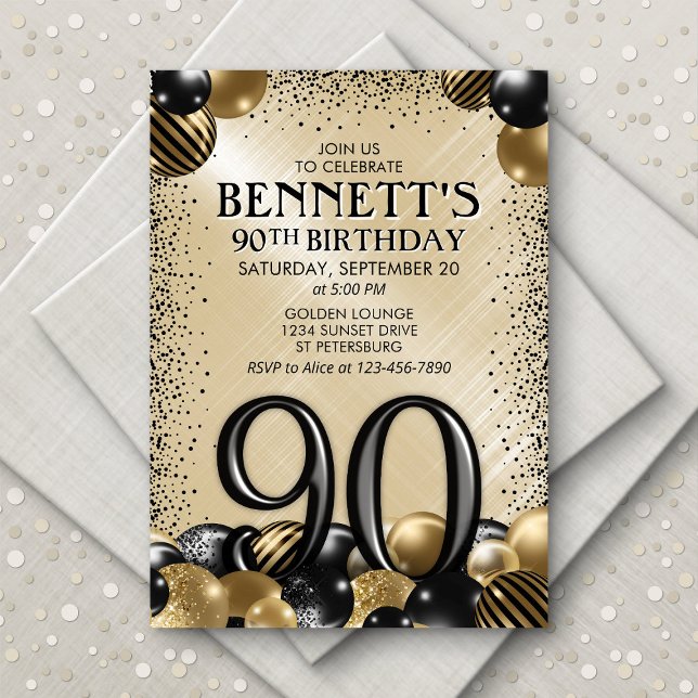 90th Balloons Black Gold Birthday Invitation (Creator Uploaded)