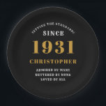 90th Birthday 1931 Black Gold Love Personalised Paper Plate<br><div class="desc">A personalised classic paper plate design for that birthday celebration for a special person born in 1931 and turning 90. Add the name to this vintage retro style black, white and gold design for a custom 90th birthday gift. Easily edit the name and year with the template provided. A wonderful...</div>