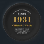 90th Birthday 1931 Black Gold Love Personalised Paper Plate<br><div class="desc">A personalised classic paper plate design for that birthday celebration for a special person born in 1931 and turning 90. Add the name to this vintage retro style black, white and gold design for a custom 90th birthday gift. Easily edit the name and year with the template provided. A wonderful...</div>