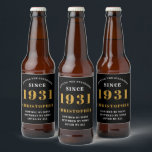 90th Birthday 1931 Black Gold Retro Personalised Beer Bottle Label<br><div class="desc">A personalised classic label design for that birthday celebration for a special person born in 1931 and turning 90. Add the name to this vintage retro style black, white and gold design for a custom 90th birthday gift. Easily edit the name and year with the template provided. A wonderful custom...</div>