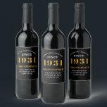 90th Birthday 1931 Black Gold Retro Personalised Wine Label<br><div class="desc">A personalised classic label design for that birthday celebration for a special person born in 1931 and turning 90. Add the name to this vintage retro style black, white and gold design for a custom 90th birthday gift. Easily edit the name and year with the template provided. A wonderful custom...</div>