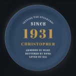 90th Birthday 1931 Blue Gold Love Personalised Paper Plate<br><div class="desc">A personalised classic paper plate design for that birthday celebration for a special person born in 1931 and turning 90. Add the name to this vintage retro style blue, white and gold design for a custom 90th birthday gift. Easily edit the name and year with the template provided. A wonderful...</div>