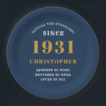 90th Birthday 1931 Blue Gold Love Personalised Paper Plate<br><div class="desc">A personalised classic paper plate design for that birthday celebration for a special person born in 1931 and turning 90. Add the name to this vintage retro style blue, white and gold design for a custom 90th birthday gift. Easily edit the name and year with the template provided. A wonderful...</div>