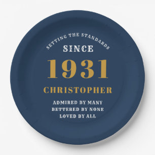 90th Birthday 1931 Blue Gold Love Personalised Paper Plate