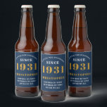 90th Birthday 1931 Blue Gold Retro Personalised Beer Bottle Label<br><div class="desc">A personalised classic label design for that birthday celebration for a special person born in 1931 and turning 90. Add the name to this vintage retro style blue, white and gold design for a custom 90th birthday gift. Easily edit the name and year with the template provided. A wonderful custom...</div>