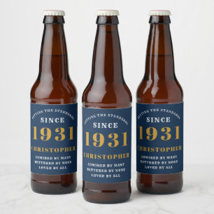 90th Birthday 1931 Blue Gold Retro Personalised Beer Bottle Label