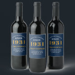 90th Birthday 1931 Blue Gold Retro Personalised Wine Label<br><div class="desc">A personalised classic label design for that birthday celebration for a special person born in 1931 and turning 90. Add the name to this vintage retro style blue, white and gold design for a custom 90th birthday gift. Easily edit the name and year with the template provided. A wonderful custom...</div>