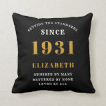 90th Birthday 1931 Elegant Chic Black Personalised Cushion<br><div class="desc">For those born in 1931 and celebrating their 90th birthday we have the ideal surprise birthday party throw pillow gift. The black background with a white and gold design is simple and yet elegant. Easily customise the text to the front and the interior of these party supplies using the template...</div>