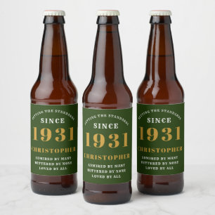 90th Birthday 1931 Green Gold Retro Personalised Beer Bottle Label