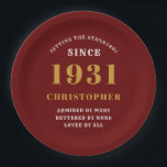 90th Birthday 1931 Red Gold Love Personalised Paper Plate<br><div class="desc">A personalised classic paper plate design for that birthday celebration for a special person born in 1931 and turning 90. Add the name to this vintage retro style red, white and gold design for a custom 90th birthday gift. Easily edit the name and year with the template provided. A wonderful...</div>