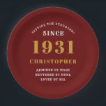 90th Birthday 1931 Red Gold Love Personalised Paper Plate<br><div class="desc">A personalised classic paper plate design for that birthday celebration for a special person born in 1931 and turning 90. Add the name to this vintage retro style red, white and gold design for a custom 90th birthday gift. Easily edit the name and year with the template provided. A wonderful...</div>