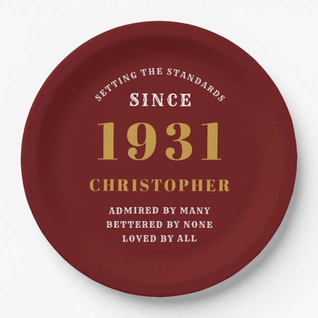 90th Birthday 1931 Red Gold Love Personalised Paper Plate (Front)