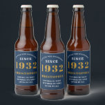90th Birthday 1932 Blue Gold Retro Add Name Beer Bottle Label<br><div class="desc">A personalised classic label design for that birthday celebration for a special person born in 1932 and turning 90. Add the name to this vintage retro style blue, white and gold design for a custom 90th birthday gift. Easily edit the name and year with the template provided. A wonderful custom...</div>