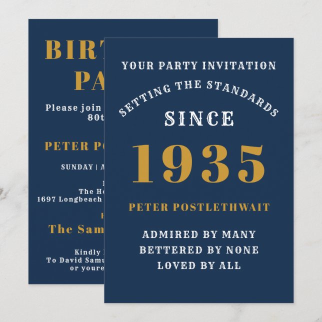 90th Birthday 1935 Blue Gold Personalised For Him Invitation (Front/Back)