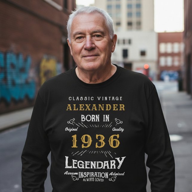 90th Birthday 1936 Add Name Black Gold Legendary T-Shirt (Born 1936 birthday long sleeve T-shirt. Background out of focus.)