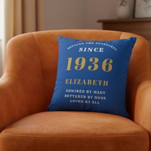 90th Birthday 1936 Add Name Blue Gold Personalized Cushion