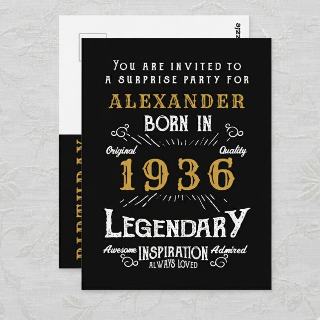 90th Birthday 1936 Black Gold Legend Invitation Postcard (1936 birthday invitation postcard. Background white lace.)