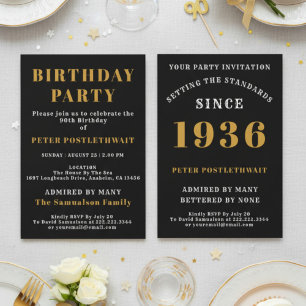 90th Birthday 1936 Black Gold Personalised For Him Invitation
