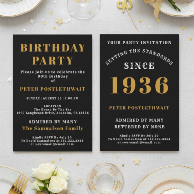 90th Birthday 1936 Black Gold Personalised For Him Invitation (1936 invitation. White background.)