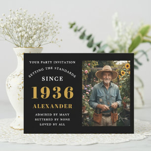 90th Birthday 1936 Black Gold Personalized Photo Invitation
