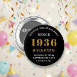 90th Birthday 1936 Elegant Chic Black Gold 6 Cm Round Badge<br><div class="desc">A wonderful birthday gold design on button for that special celebration. Easily customize the text using the template provided. Part of the setting standards range of birthday supplies.</div>