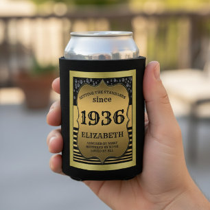 90th Birthday 1936 Personalized Black Gold Vintage Can Cooler