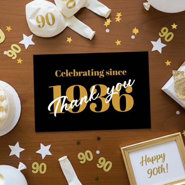 90th Birthday 1936 Retro Black And Gold Thank You Card (1936 Thank you card on a table.)