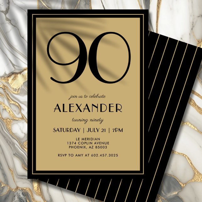 90th Birthday Adult Black and Gold Modern Minimal  Invitation (A timeless black and gold invite that feels modern, elegant, and upscale.)