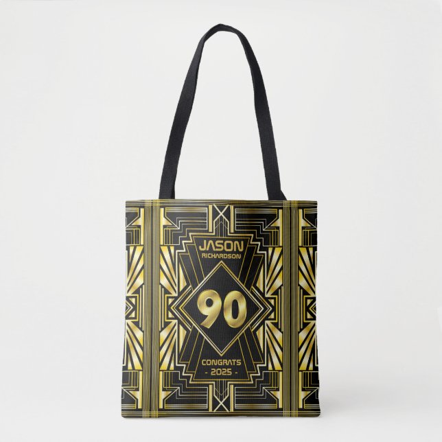 90th Birthday Art Deco Gold Black Great Gatsby Tote Bag (Front)