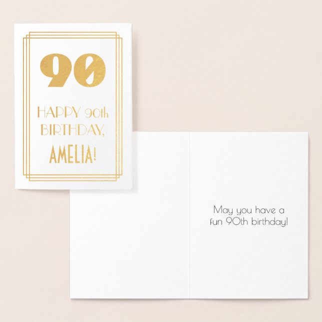 90th Birthday: Art Deco Inspired Look "90" & Name Foil Card (Display)