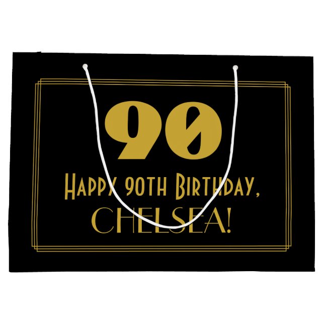 90th Birthday — Art Deco Inspired Look "90" & Name Large Gift Bag (Back)