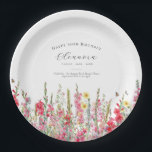 90th Birthday August Birth Flower Party Supplies Paper Plate<br><div class="desc">Perfect table decor for an August birthday party. Pink gladiolus is the birth flower for that month. It forms a pretty watercolor bottom border on this floral personalised plate. The birthday guest of honour's name, age and birthdate are placed above it using elegant calligraphy and typography. All text is editable....</div>