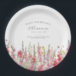 90th Birthday August Birth Flower Party Supplies Paper Plate<br><div class="desc">Perfect table decor for an August birthday party. Pink gladiolus is the birth flower for that month. It forms a pretty watercolor bottom border on this floral personalised plate. The birthday guest of honour's name, age and birthdate are placed above it using elegant calligraphy and typography. All text is editable....</div>