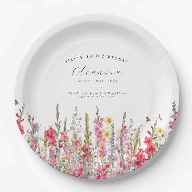 90th Birthday August Birth Flower Party Supplies Paper Plate (Front)