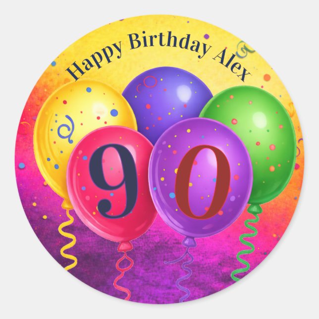 90th Birthday Balloon Confetti Party Classic Round Sticker (Front)