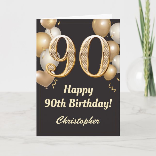 90th Birthday Black and Gold Balloons Confetti Card (Front)