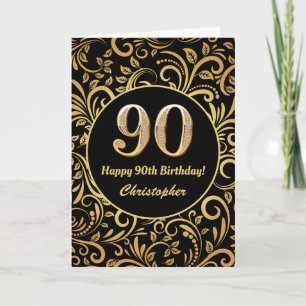 90th Birthday Black and Gold Floral Pattern Card