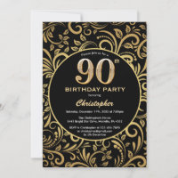 90th Birthday Black and Gold Floral Pattern