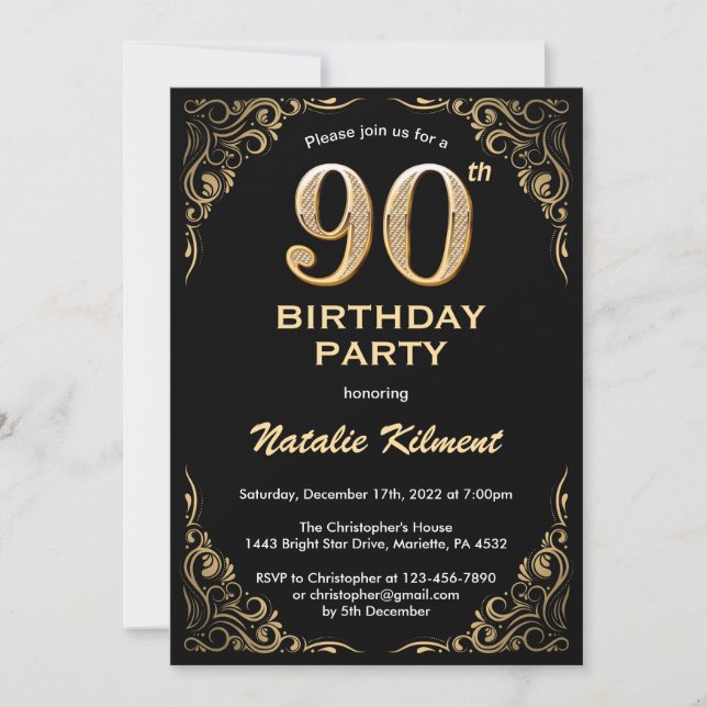 90th Birthday Black and Gold Glitter Frame Invitation (Front)