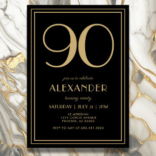 90th Birthday Black and Gold Modern Minimal Adult Invitation