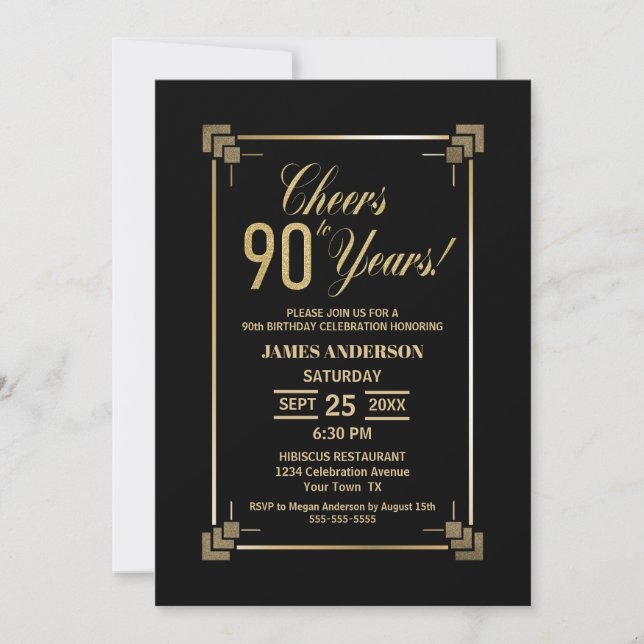 90th Birthday Black and Gold Party Invitation (Front)