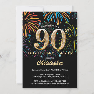 90th Birthday Black and Gold Rainbow Fireworks Invitation