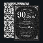 90th Birthday - Black and White Damask Invitation<br><div class="desc">90th Birthday Invitation.
Elegant vintage black and white design with damask pattern. Features script font. Cheers to 90 years! Can be personalized into any age! Message me if you need further customization.</div>
